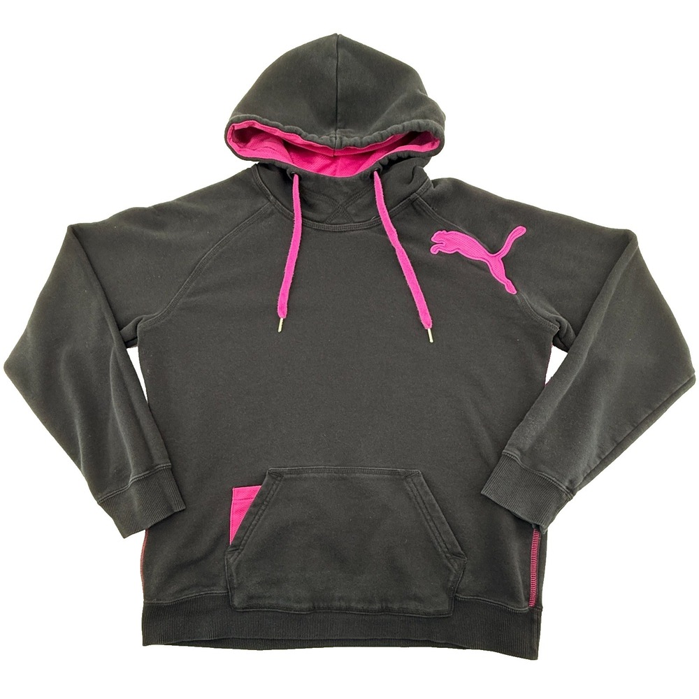 Puma Womens Medium Black Pink Hoodie Pullover Sweatshirt Athletic Logo